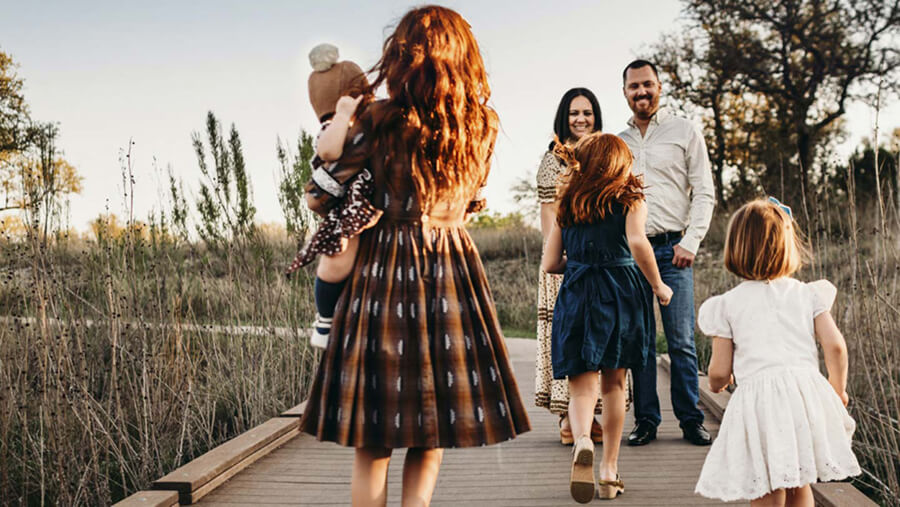 Family of five out on a walk